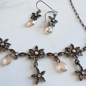 Vintage Avon 2007 Gunmetal Floral Necklace & Earrings Set AB Rhinestones NIB